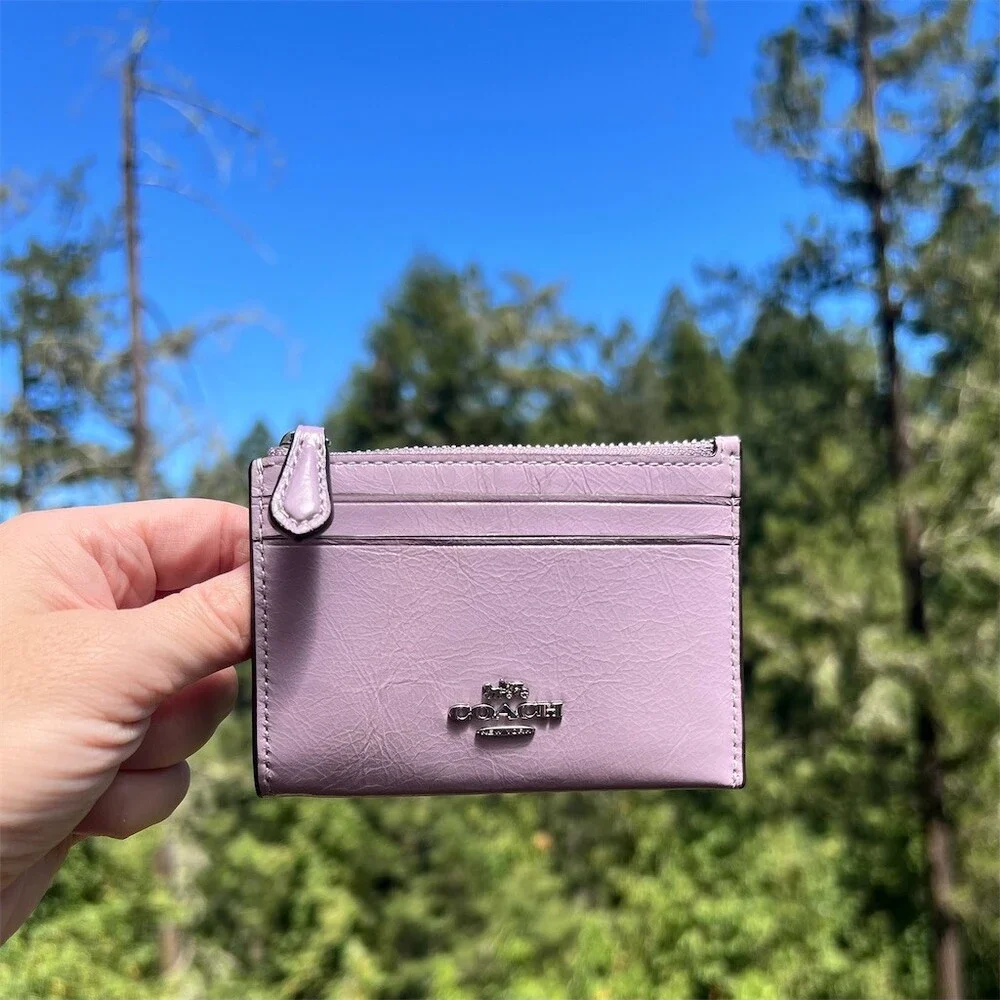COACH Mini Skinny ID Case Cardholder Keychain Wallet Purple with Silver NWT
